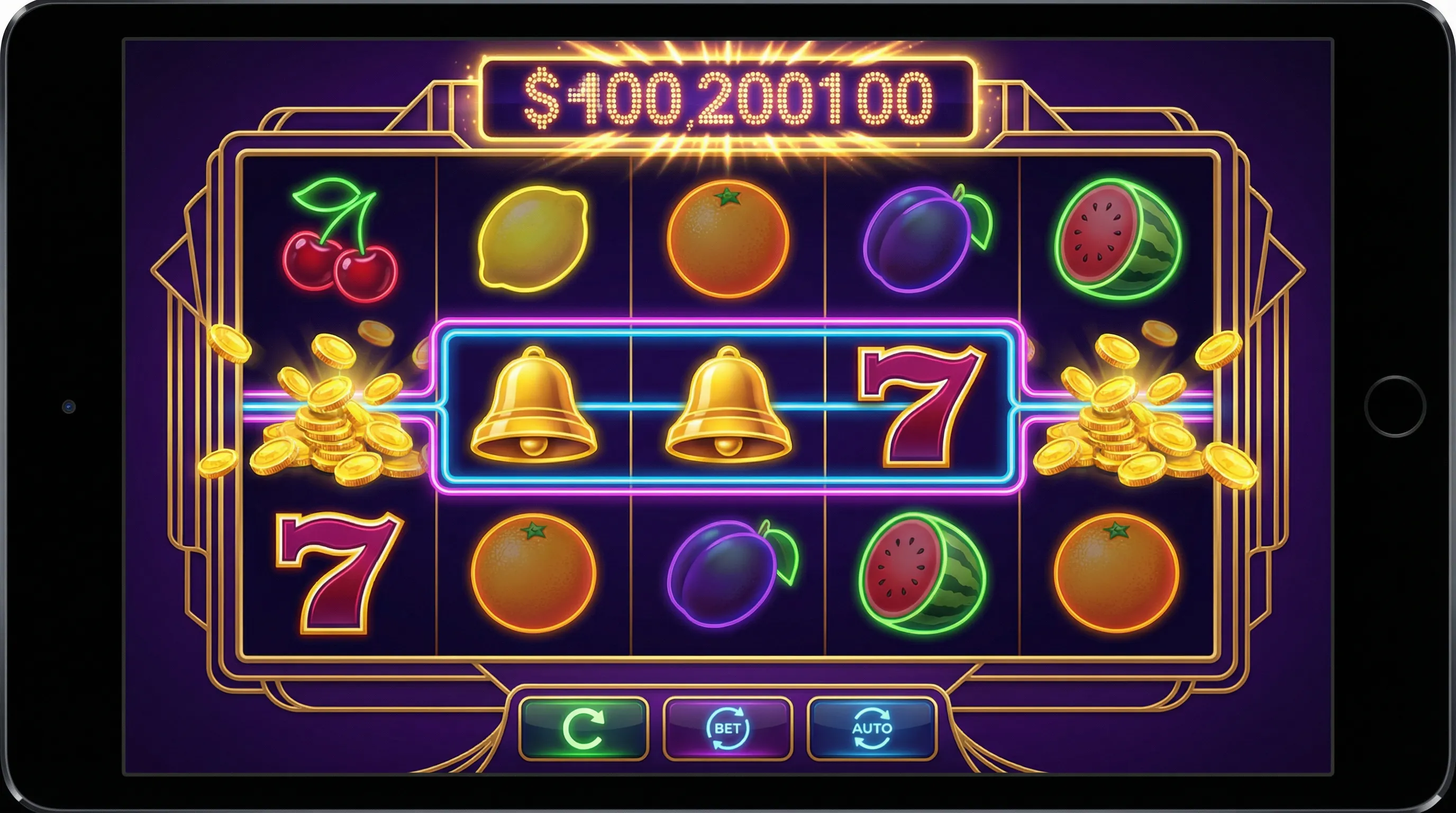 Caça-níqueis coloridos com símbolos de frutas e sinos dourados